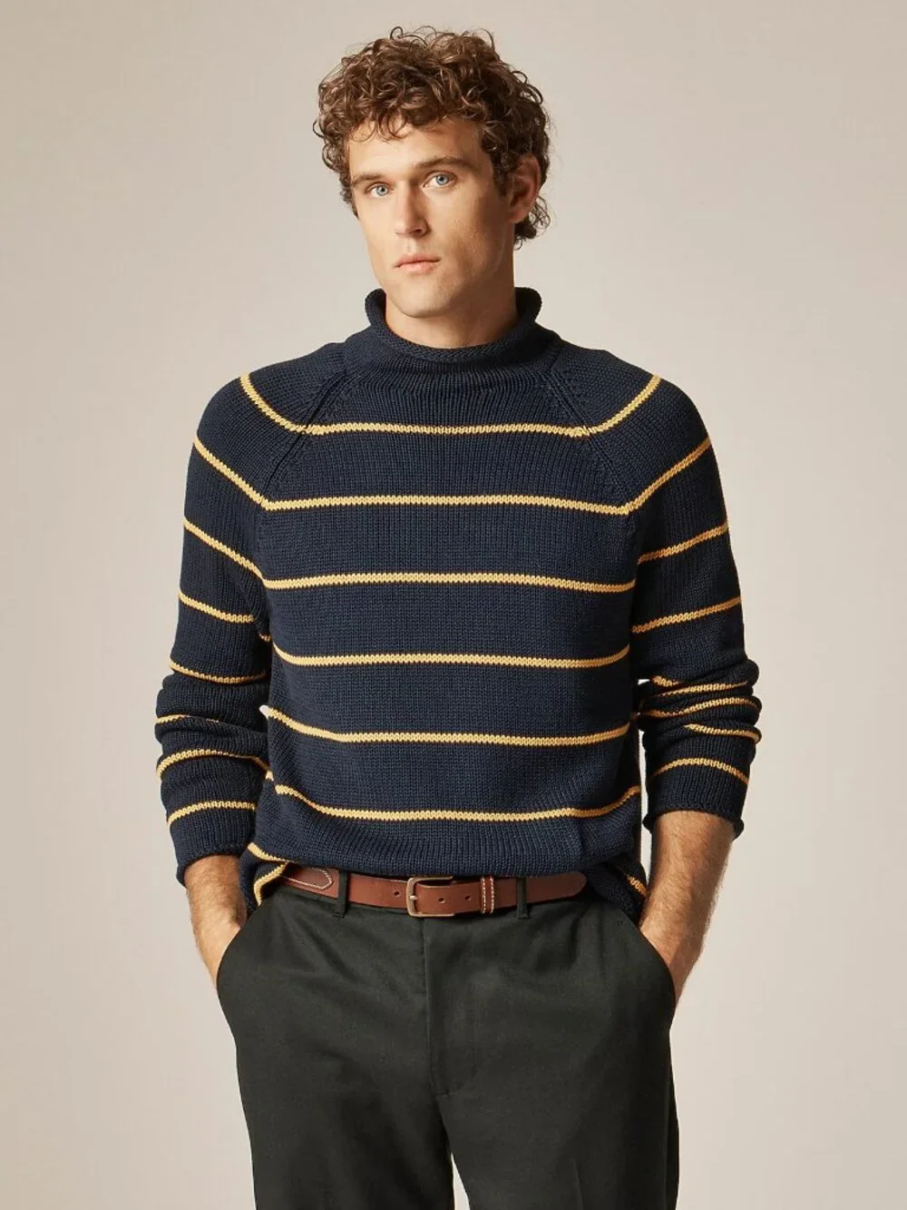 J.Crew 1988 Rollneck Sweater, Navy with Yellow Stripe, Men's Large